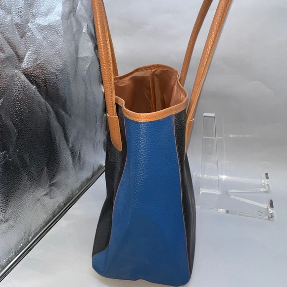 Gently Used Neiman Marcus Blue, Black, Brown Pebble Texture  Faux Leather Tote - Picture 4 of 9
